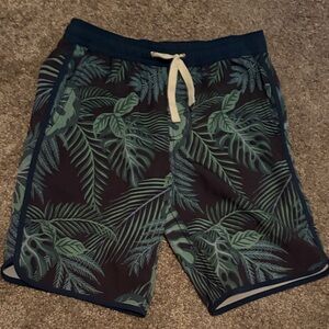 Boys Fair Harbor Blue and Green Leaf Pattern Swim Shorts